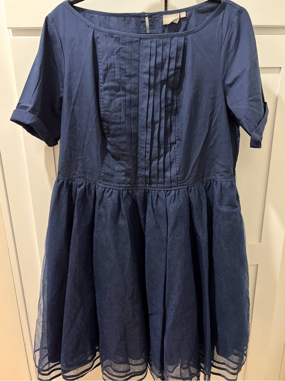 eShakti Navy Blue Mixed Media Mini Dress Pleated Tulle Skirt Plus Size 1X 18W